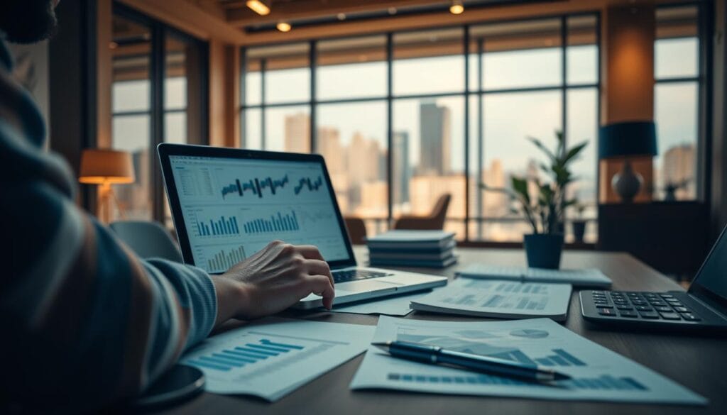 Detailed financial planning skills concept. Foreground shows a person analyzing financial data on a laptop, with graphs, charts, and calculations visible. Middle ground features a desk with various financial planning tools - calculator, pen, notebook, and financial reports. Background depicts a warm, modern office setting with large windows overlooking a cityscape. Soft, directional lighting illuminates the scene, creating a sense of focus and professionalism. Camera angle is slightly elevated, providing a comprehensive view of the financial planning process. Muted color palette of greys, blues, and browns conveys a serious, analytical mood appropriate for the subject matter. Detailed financial planning skills concept. Foreground shows a person analyzing financial data on a laptop, with graphs, charts, and calculations visible. Middle ground features a desk with various financial planning tools - calculator, pen, notebook, and financial reports. Background depicts a warm, modern office setting with large windows overlooking a cityscape. Soft, directional lighting illuminates the scene, creating a sense of focus and professionalism. Camera angle is slightly elevated, providing a comprehensive view of the financial planning process. Muted color palette of greys, blues, and browns conveys a serious, analytical mood appropriate for the subject matter.