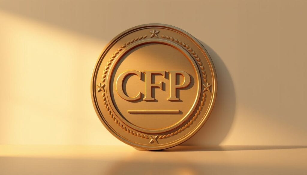 Detailed illustration of a CFP certification, showcasing a circular emblem with the letters "CFP" prominently displayed in the center. The emblem is rendered in a metallic, gold-like finish, conveying a sense of prestige and authority. The background is a soft, neutral tone, allowing the certification insignia to stand out. Subtle lighting casts a warm, reflective glow on the surface, emphasizing the high-quality and professional nature of the certification. The overall composition is clean, well-balanced, and designed to communicate the significance and value of this financial advising credential. Detailed illustration of a CFP certification, showcasing a circular emblem with the letters "CFP" prominently displayed in the center. The emblem is rendered in a metallic, gold-like finish, conveying a sense of prestige and authority. The background is a soft, neutral tone, allowing the certification insignia to stand out. Subtle lighting casts a warm, reflective glow on the surface, emphasizing the high-quality and professional nature of the certification. The overall composition is clean, well-balanced, and designed to communicate the significance and value of this financial advising credential.