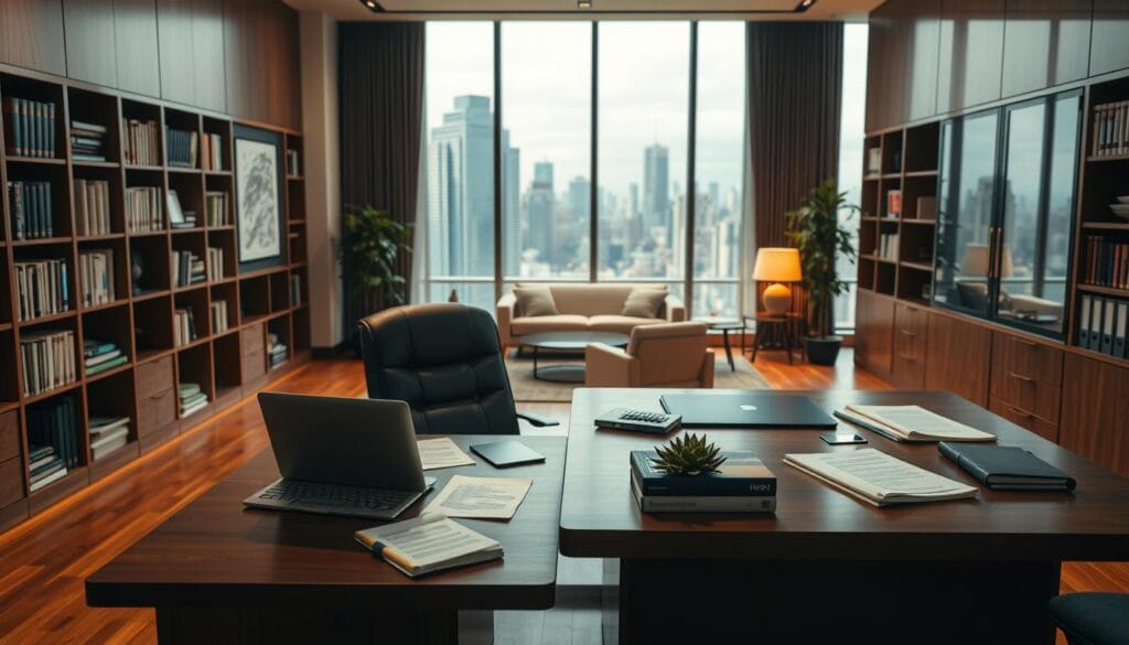 Detailed office interior of a financial planner's workspace. Warm, sophisticated lighting illuminates a spacious room with hardwood floors and minimalist furniture. A large desk dominates the foreground, adorned with a laptop, papers, and a succulent plant. Bookcases line the walls, filled with financial management guides and client files. A comfortable leather chair sits behind the desk, inviting the viewer to imagine a thoughtful, personalized financial planning session. The middle ground features a sitting area with a couch and chairs, creating a welcoming atmosphere for client meetings. The background showcases floor-to-ceiling windows, offering a scenic view of a bustling city skyline, symbolizing the planner's expertise in navigating the complex financial landscape. Detailed office interior of a financial planner's workspace. Warm, sophisticated lighting illuminates a spacious room with hardwood floors and minimalist furniture. A large desk dominates the foreground, adorned with a laptop, papers, and a succulent plant. Bookcases line the walls, filled with financial management guides and client files. A comfortable leather chair sits behind the desk, inviting the viewer to imagine a thoughtful, personalized financial planning session. The middle ground features a sitting area with a couch and chairs, creating a welcoming atmosphere for client meetings. The background showcases floor-to-ceiling windows, offering a scenic view of a bustling city skyline, symbolizing the planner's expertise in navigating the complex financial landscape.