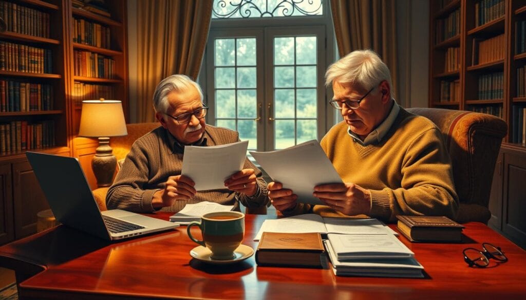 Detailed oil painting of an elderly couple reviewing investment portfolios and financial documents in a cozy study. Warm ambient lighting bathes the scene, highlighting the concentration and care on their faces. In the foreground, a polished mahogany desk holds a laptop, papers, and a mug of steaming tea. The middle ground features richly textured armchairs and bookcases filled with financial volumes. The background gently blurs into a window overlooking a tranquil garden, suggesting a sense of financial security and peaceful retirement. Detailed oil painting of an elderly couple reviewing investment portfolios and financial documents in a cozy study. Warm ambient lighting bathes the scene, highlighting the concentration and care on their faces. In the foreground, a polished mahogany desk holds a laptop, papers, and a mug of steaming tea. The middle ground features richly textured armchairs and bookcases filled with financial volumes. The background gently blurs into a window overlooking a tranquil garden, suggesting a sense of financial security and peaceful retirement.
