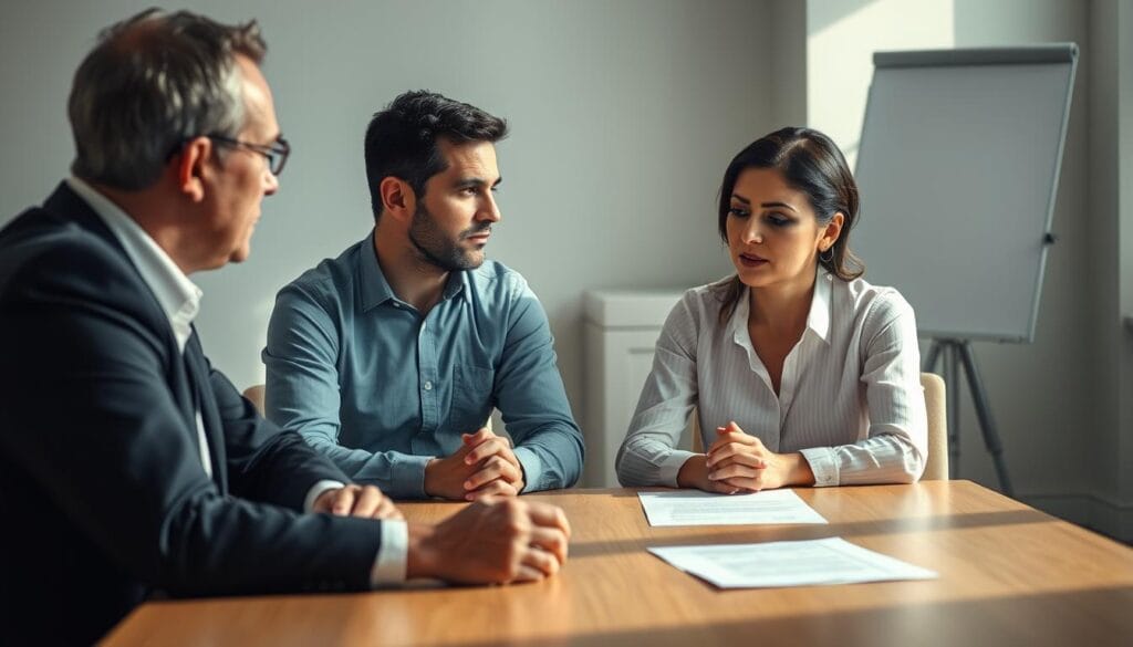 Divorced couple sitting across a table, engaged in a tense but professional discussion, with a neutral mediator guiding the conversation. Soft, natural lighting illuminates the scene, casting gentle shadows. The couple's body language conveys a sense of unease, but their expressions suggest a mutual desire to reach a fair agreement. The background is a neutral office space, with subtle hints of the mediation process, such as legal documents or a whiteboard. The overall atmosphere is one of cautious negotiation, with the mediator's role to facilitate a constructive resolution. Divorced couple sitting across a table, engaged in a tense but professional discussion, with a neutral mediator guiding the conversation. Soft, natural lighting illuminates the scene, casting gentle shadows. The couple's body language conveys a sense of unease, but their expressions suggest a mutual desire to reach a fair agreement. The background is a neutral office space, with subtle hints of the mediation process, such as legal documents or a whiteboard. The overall atmosphere is one of cautious negotiation, with the mediator's role to facilitate a constructive resolution.