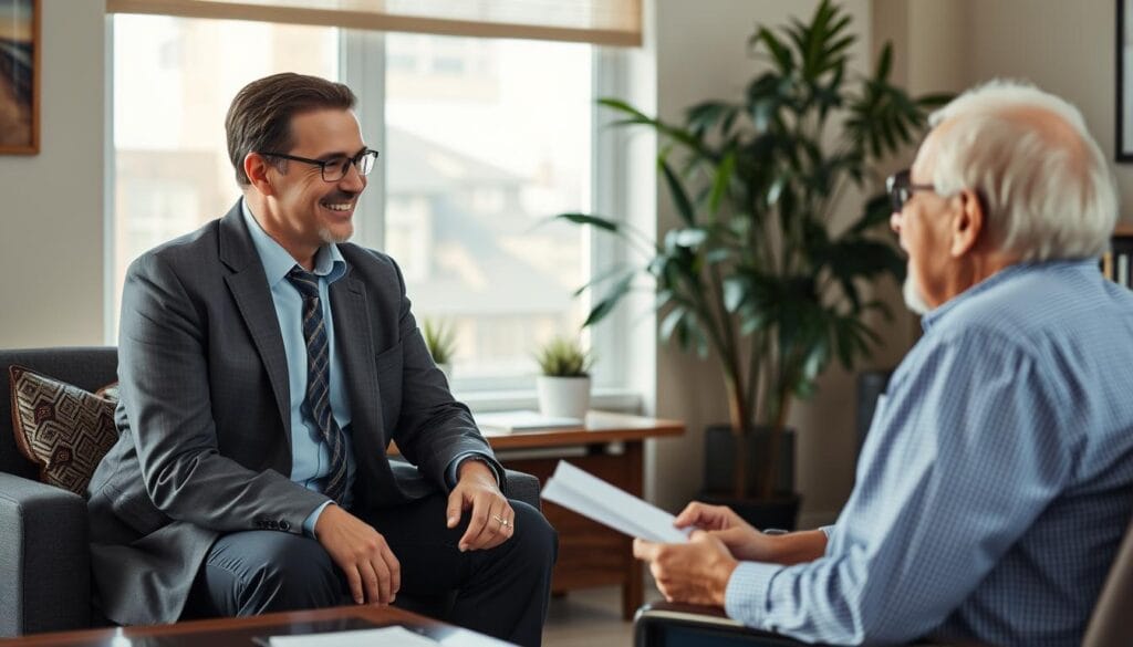 Generate an image of Charles Schwab's financial advisor meeting with a senior client. Generate an image of Charles Schwab's financial advisor meeting with a senior client.