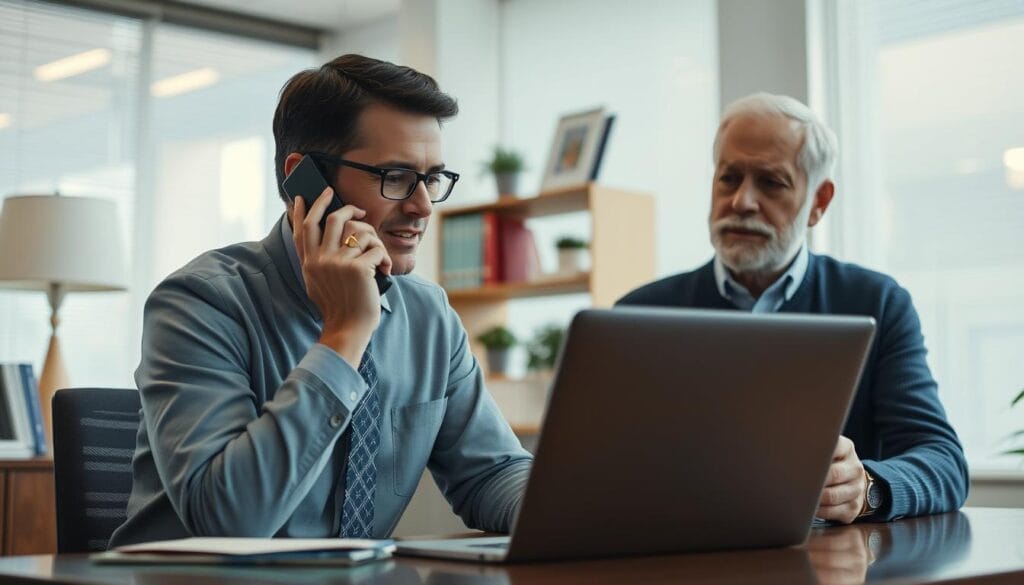 Generate an image of Fidelity's financial advisor on a call with a senior client. Generate an image of Fidelity's financial advisor on a call with a senior client.