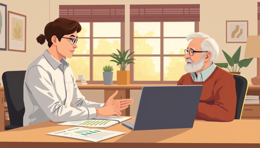 Generate an image of Vanguard's financial advisor discussing investment strategies with a senior. Generate an image of Vanguard's financial advisor discussing investment strategies with a senior.