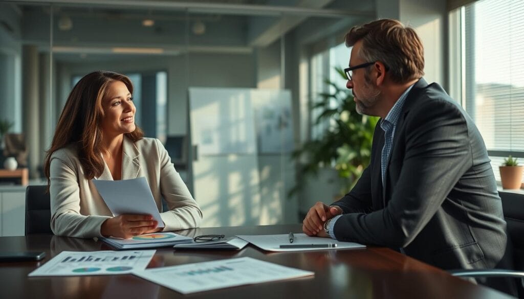 Generate an image of a Fidelity financial advisor meeting with a client