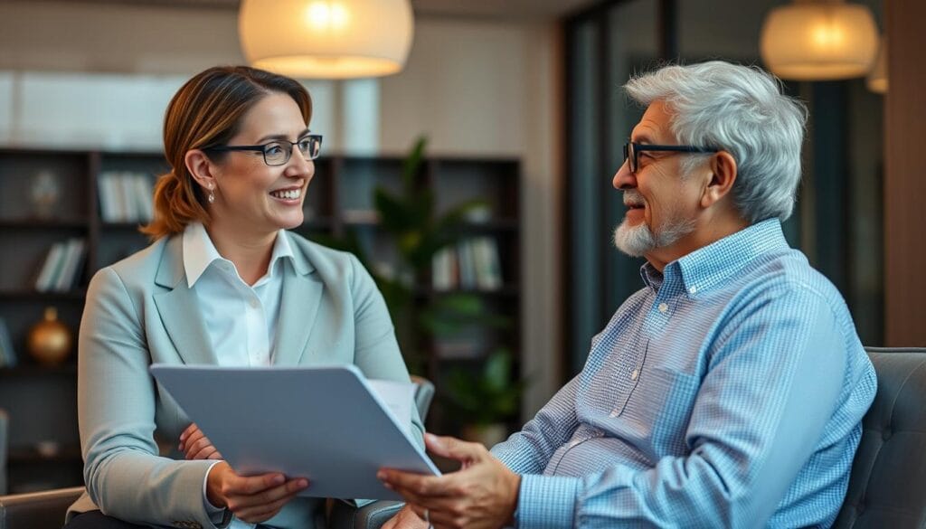 Generate an image of a J.P. Morgan Private Bank financial advisor working with a retiree client on a retirement plan. Generate an image of a J.P. Morgan Private Bank financial advisor working with a retiree client on a retirement plan.