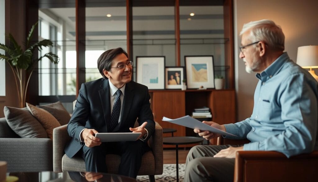 Generate an image of a Morgan Stanley Wealth Management financial advisor working with a retiree client. Generate an image of a Morgan Stanley Wealth Management financial advisor working with a retiree client.