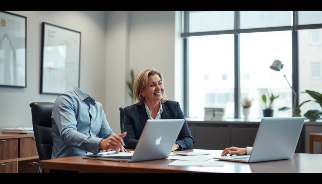 Generate an image of a fiduciary advisor discussing retirement plans with a client.