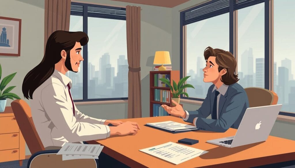 Generate an image of a person consulting with a financial advisor in a local office.