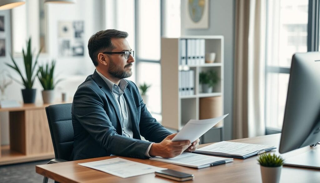 Generate an image of a person meeting with a financial advisor in a professional setting.