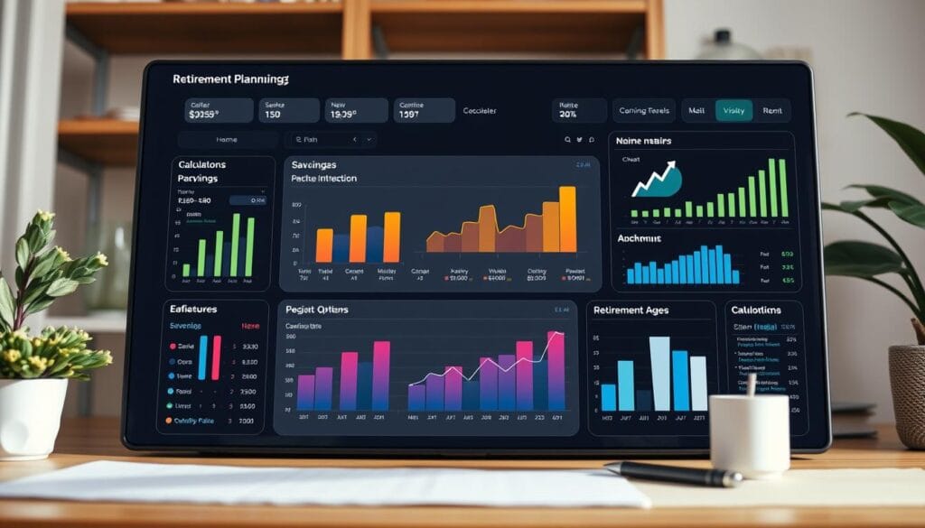 Generate an image of a retirement planning dashboard with various calculators and tools.