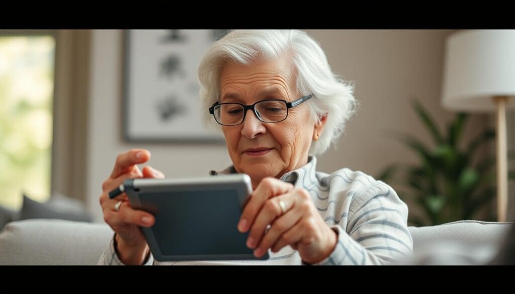Generate an image of a senior accessing financial information on a tablet using the MyPrimerica.com client portal