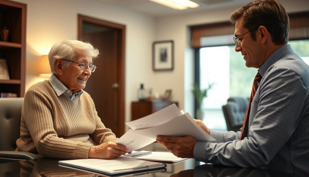 Generate an image of a senior couple reviewing their financial documents with a Primerica financial advisor.
