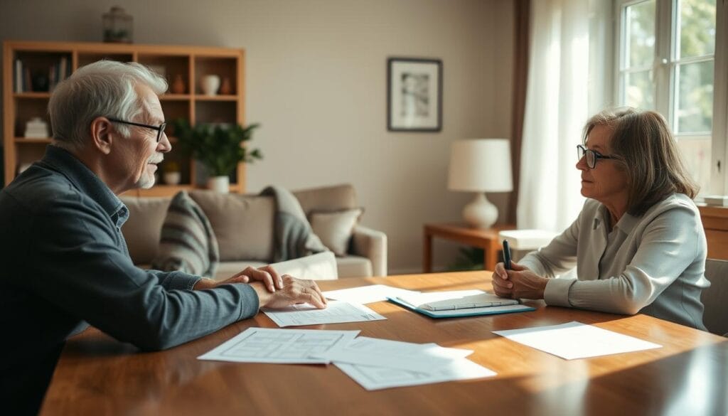 Generate an image of a senior homeowner consulting with a financial advisor about reverse mortgages.