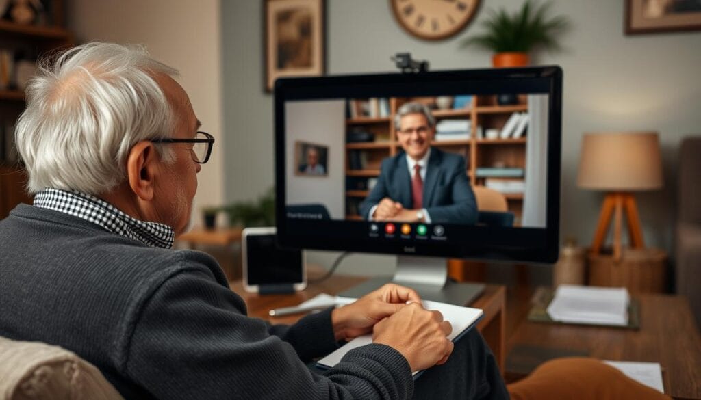 Generate an image of a senior meeting with a financial advisor via video conference Generate an image of a senior meeting with a financial advisor via video conference