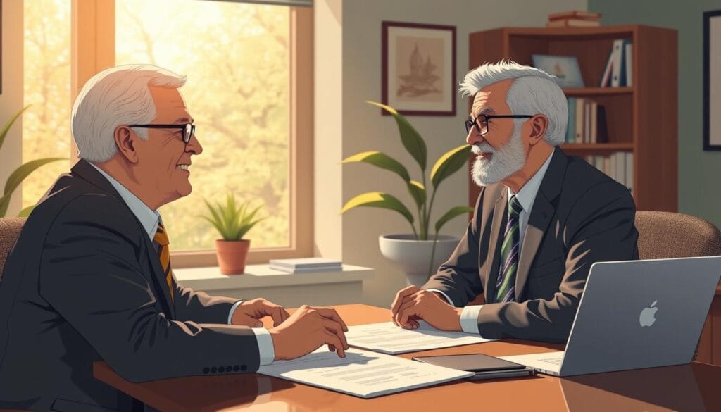 Generate an image of an Edward Jones financial advisor meeting with a senior. Generate an image of an Edward Jones financial advisor meeting with a senior.