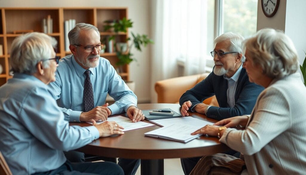 Generate an image representing a Certified Financial Planner working with seniors on estate planning.