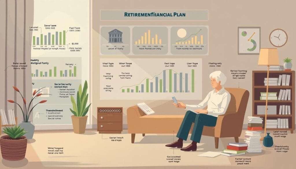 Generate an image representing a comprehensive financial plan for retirement. Generate an image representing a comprehensive financial plan for retirement.