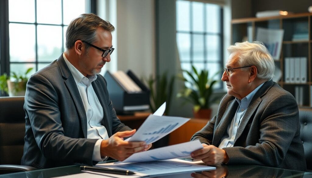 Generate an image representing a financial advisor discussing a Financial Needs Analysis with a senior client.