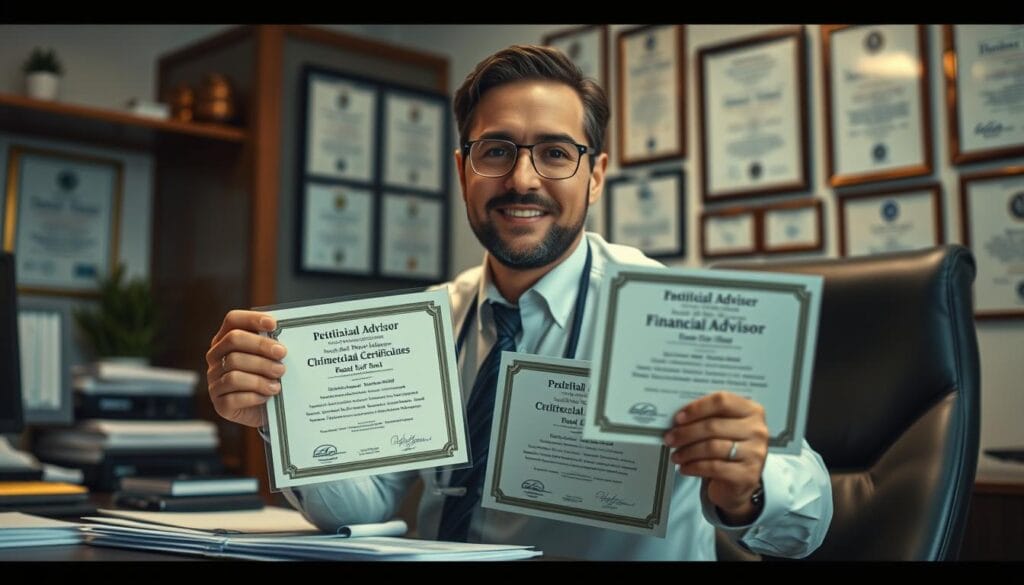 Generate an image representing a financial advisor with recognized professional certifications.