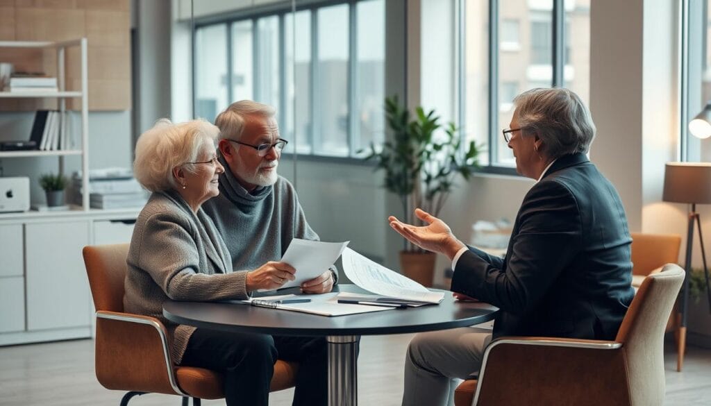 Generate an image representing a senior couple meeting with a financial advisor.