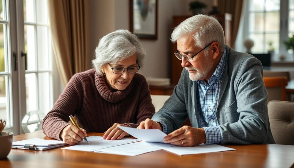 Generate an image representing tax planning for seniors, featuring a financial advisor and a senior citizen reviewing documents together.