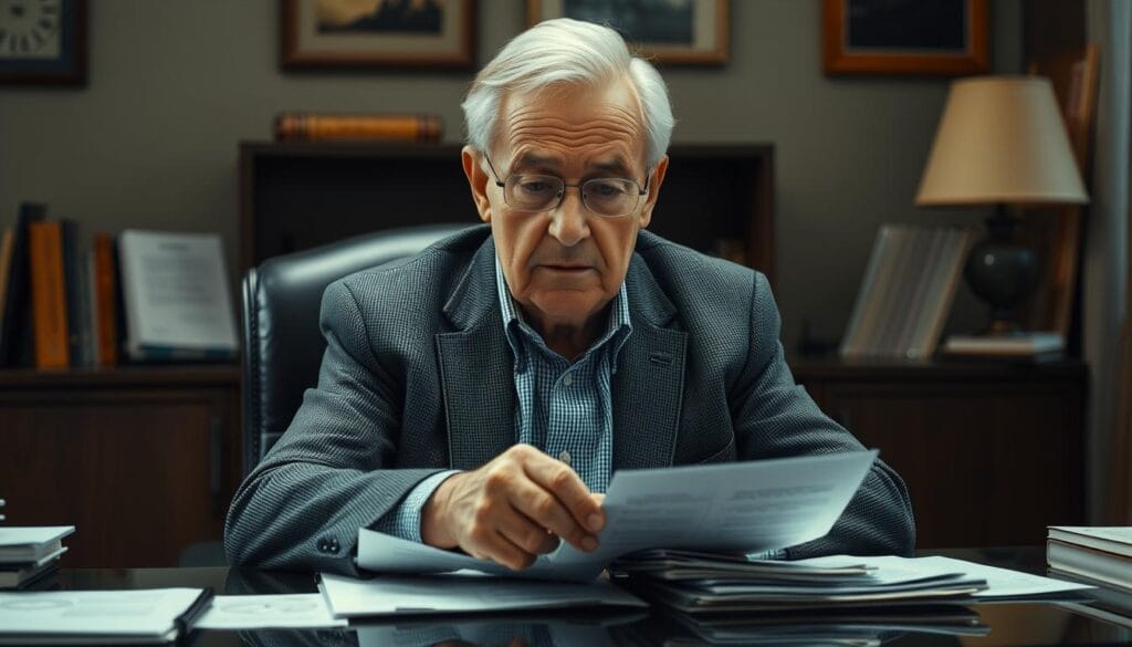 Image generation prompt: An elderly person sitting at a desk, surrounded by financial documents, with a calm and determined expression.