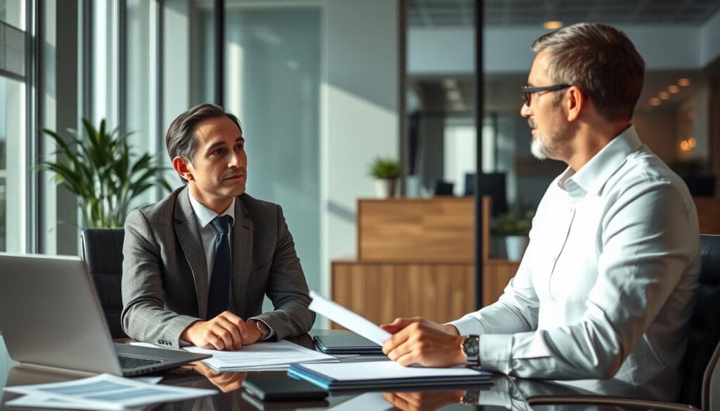 Image of a person interviewing a financial advisor in a professional setting