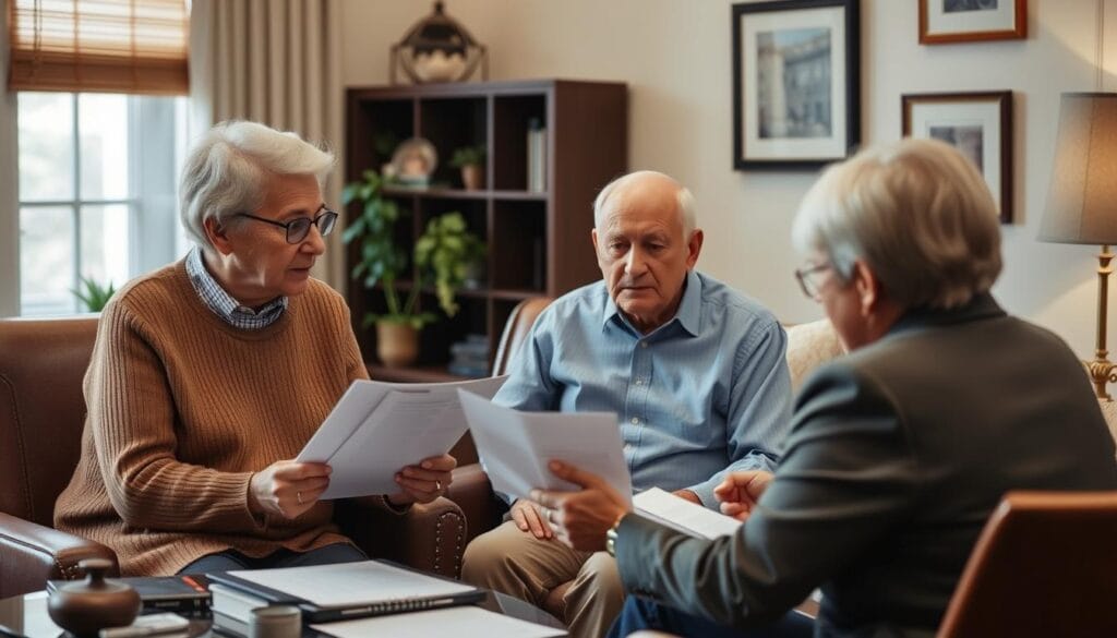 Image of a senior couple reviewing estate planning documents with a financial advisor. Image of a senior couple reviewing estate planning documents with a financial advisor.