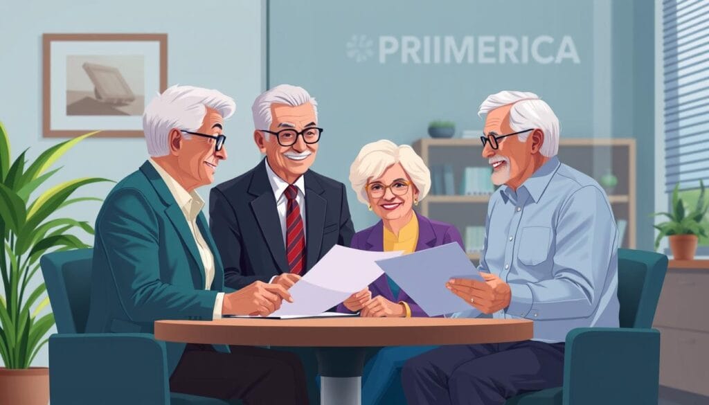 Image of a senior couple reviewing financial documents with a Primerica financial advisor.