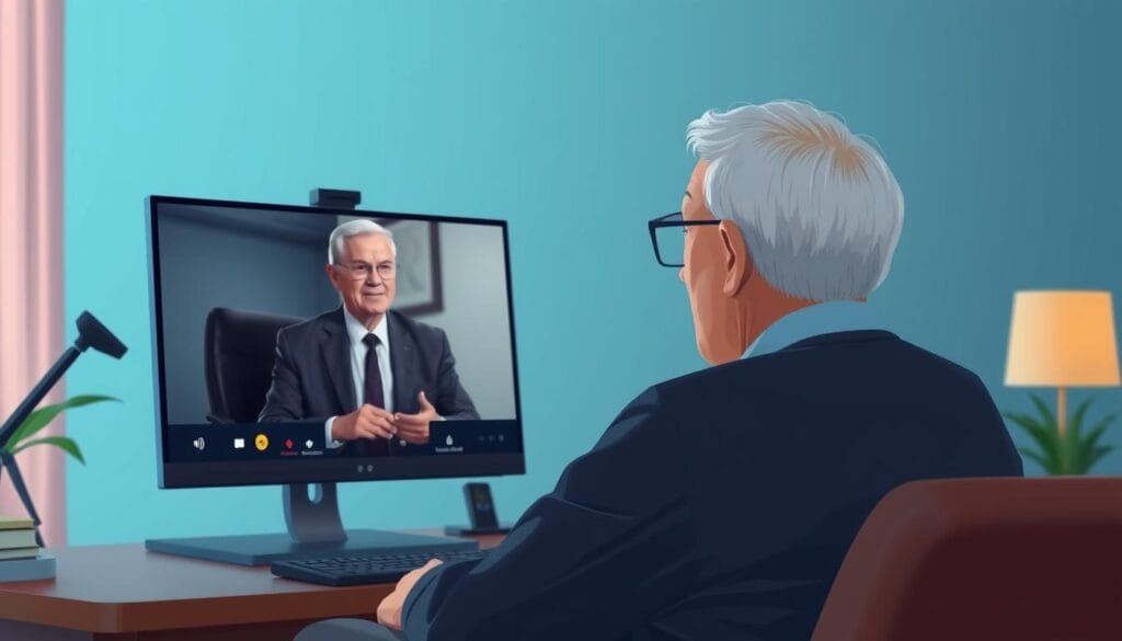 Image of a senior working with a financial advisor via video conference Image of a senior working with a financial advisor via video conference