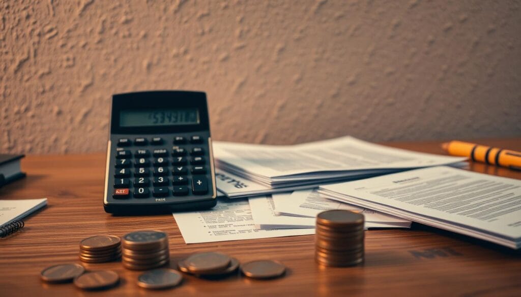 Panoramic view of a calculator, papers, and coins on a desk, representing the impact of student loan interest rates. Warm, muted lighting casts a contemplative mood. The calculator's display prominently shows the interest rate, while the scattered documents suggest the complexities of student debt. The foreground features a stack of coins, symbolizing the financial burden. In the background, a textured wall adds depth and a sense of the academic environment. Realistic, cinematic composition with a shallow depth of field, capturing the gravity of the subject matter.