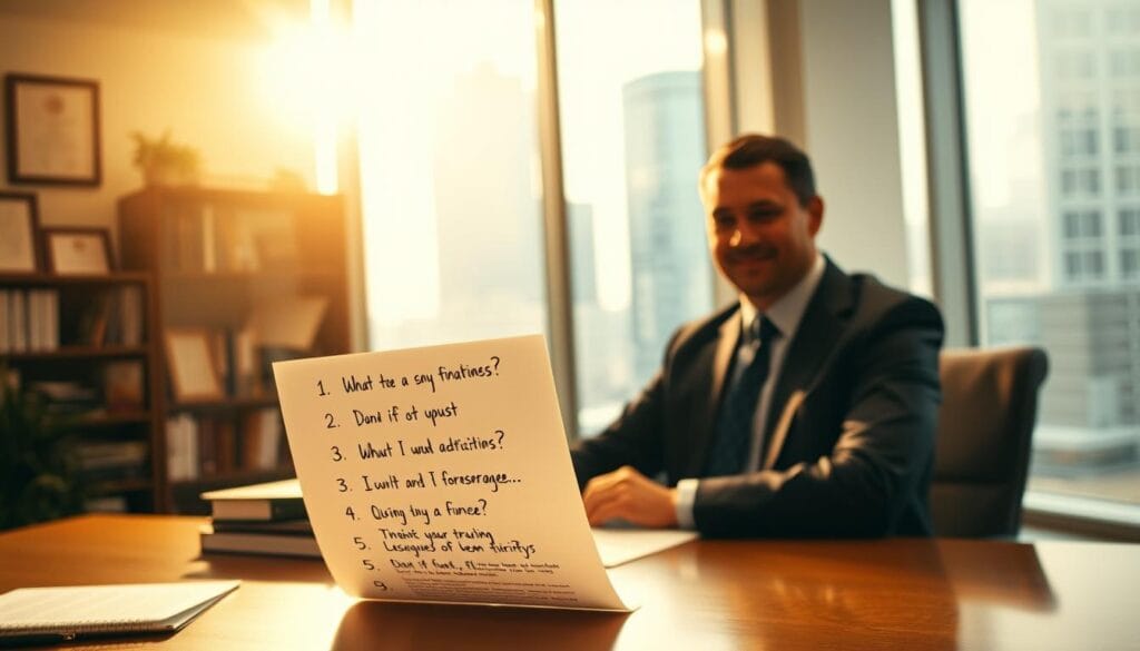 Questions to ask a financial advisor in a brightly lit office setting. Foreground shows a person in a suit seated at a desk, with a list of handwritten questions floating in front of them. Middle ground has a bookshelf and certificates on the wall, conveying professionalism. Background has large windows overlooking a cityscape, creating an atmosphere of trust and expertise. Warm, natural lighting illuminates the scene, and the camera angle is slightly elevated to convey an objective, third-person perspective. The overall mood is one of thoughtful consideration and careful decision-making. Questions to ask a financial advisor in a brightly lit office setting. Foreground shows a person in a suit seated at a desk, with a list of handwritten questions floating in front of them. Middle ground has a bookshelf and certificates on the wall, conveying professionalism. Background has large windows overlooking a cityscape, creating an atmosphere of trust and expertise. Warm, natural lighting illuminates the scene, and the camera angle is slightly elevated to convey an objective, third-person perspective. The overall mood is one of thoughtful consideration and careful decision-making.