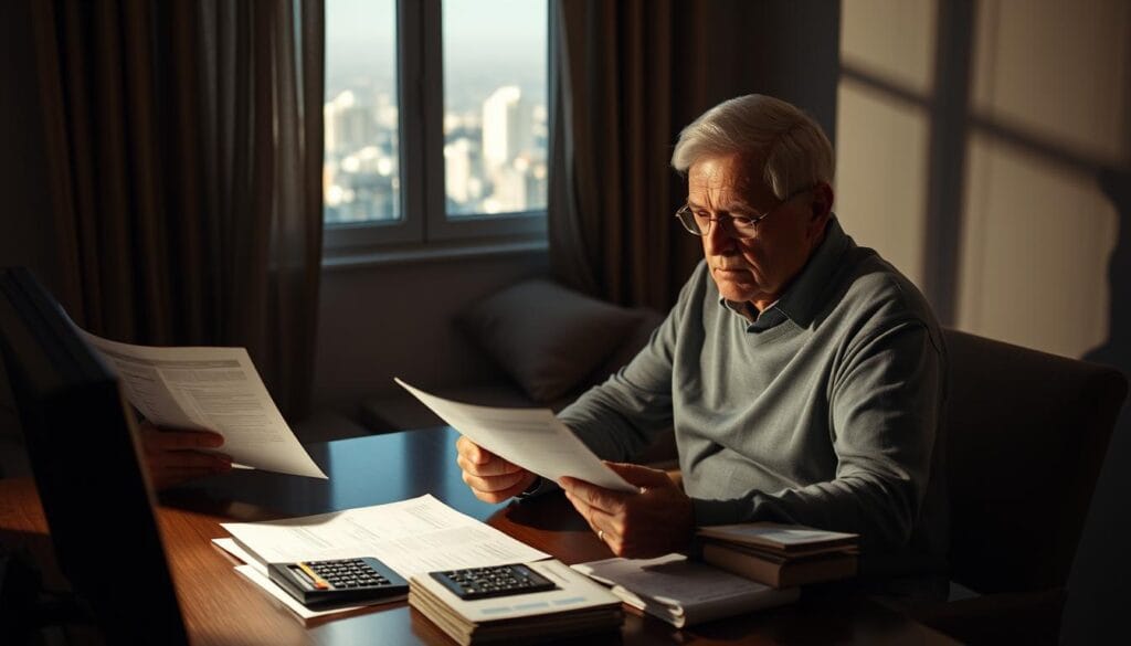 Retirement financial challenges: a senior couple sitting at a desk, meticulously reviewing their financial statements, their expressions a mix of concern and determination. The room is dimly lit, casting shadows that highlight the gravity of their situation. On the desk, a calculator and a stack of bills, a visual representation of the complexities they face. In the background, a window offering a glimpse of a vibrant city, a reminder of the life they once knew, now tinged with uncertainty. Soft, warm lighting illuminates the scene, creating a sense of intimacy and the weight of their financial decisions. The image conveys the unique challenges seniors face in managing their finances during retirement.