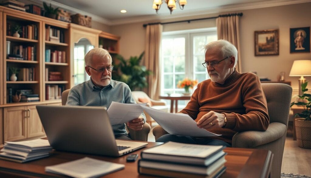 Retirement planning for seniors: A serene study filled with warm lighting and a cozy, contemplative atmosphere. In the foreground, an elderly couple sits together, poring over financial documents and discussing their future. Their expressions convey a sense of thoughtfulness and purpose. In the middle ground, a well-organized desk with a laptop, calculator, and neatly stacked papers, suggesting the careful planning and analysis required. The background depicts a tastefully decorated home office, with bookshelves, houseplants, and a window overlooking a tranquil garden, evoking a sense of comfort and security. The overall scene conveys the importance of comprehensive financial planning for seniors, enabling them to navigate their retirement with confidence and serenity.