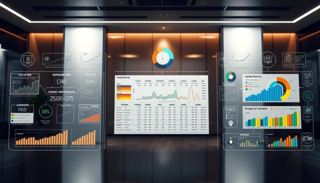a detailed, photorealistic illustration of different credit scoring models, depicting them as a set of interconnected graphs, charts, and data visualizations arranged in a clean, minimalist layout. The foreground should showcase various credit scoring algorithms and metrics, such as FICO, VantageScore, and proprietary models, each represented by distinct visual styles and color schemes. The middle ground should feature a grid of credit report data, including credit history, payment patterns, and utilization ratios, while the background should depict a sleek, contemporary office environment with subtle lighting and reflective surfaces to create a sense of professionalism and authority. The overall tone should be informative, authoritative, and visually striking, capturing the complexity and importance of credit scoring in a clear, accessible manner. a detailed, photorealistic illustration of different credit scoring models, depicting them as a set of interconnected graphs, charts, and data visualizations arranged in a clean, minimalist layout. The foreground should showcase various credit scoring algorithms and metrics, such as FICO, VantageScore, and proprietary models, each represented by distinct visual styles and color schemes. The middle ground should feature a grid of credit report data, including credit history, payment patterns, and utilization ratios, while the background should depict a sleek, contemporary office environment with subtle lighting and reflective surfaces to create a sense of professionalism and authority. The overall tone should be informative, authoritative, and visually striking, capturing the complexity and importance of credit scoring in a clear, accessible manner.