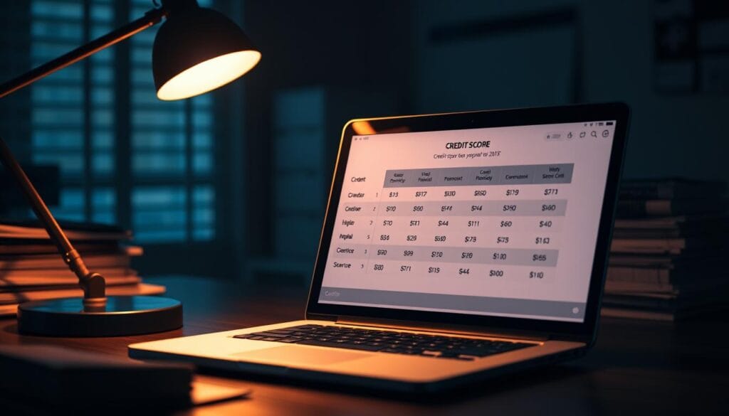 a dramatic, hyper-realistic photograph of a credit score report displayed on a laptop screen in a dimly lit office environment, with a desk lamp casting a warm, focused light on the screen and creating dramatic shadows, the screen showcasing a three-column credit report with varying credit scores, the background blurred but hinting at stacks of documents and a calendar on the desk, the overall mood suggesting the importance and complexity of credit scores a dramatic, hyper-realistic photograph of a credit score report displayed on a laptop screen in a dimly lit office environment, with a desk lamp casting a warm, focused light on the screen and creating dramatic shadows, the screen showcasing a three-column credit report with varying credit scores, the background blurred but hinting at stacks of documents and a calendar on the desk, the overall mood suggesting the importance and complexity of credit scores
