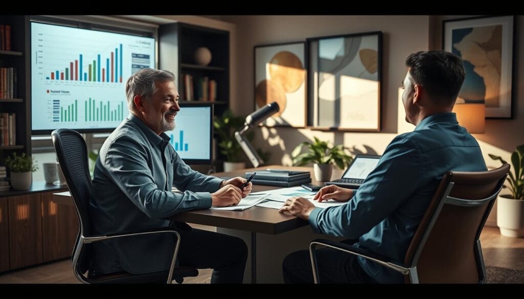 a highly detailed, photorealistic image of a client relationship management concept, depicting a financial advisor sitting at a desk in a modern office, surrounded by various financial documents, charts, and a computer screen displaying client data. The advisor has a friendly, approachable demeanor and is engaged in conversation with a client sitting across the desk. The lighting is warm and natural, accentuating the professional yet personalized atmosphere. The background features tasteful office decor, such as bookshelves, potted plants, and abstract artwork, creating a sense of professionalism and expertise. The overall scene conveys the idea of a Certified Financial Advisor building strong relationships with clients and managing their financial affairs with care and attention to detail. a highly detailed, photorealistic image of a client relationship management concept, depicting a financial advisor sitting at a desk in a modern office, surrounded by various financial documents, charts, and a computer screen displaying client data. The advisor has a friendly, approachable demeanor and is engaged in conversation with a client sitting across the desk. The lighting is warm and natural, accentuating the professional yet personalized atmosphere. The background features tasteful office decor, such as bookshelves, potted plants, and abstract artwork, creating a sense of professionalism and expertise. The overall scene conveys the idea of a Certified Financial Advisor building strong relationships with clients and managing their financial affairs with care and attention to detail.