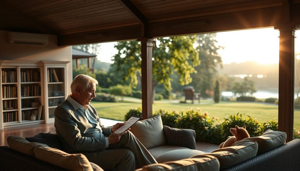 a serene retirement villa with a panoramic view of a lush, manicured garden, bathed in soft, golden-hour lighting. In the foreground, an elegant couple sits together on a plush outdoor sofa, deep in discussion over financial documents and a tablet device. The middle ground features a tastefully decorated interior, with bookshelves and a large window overlooking the tranquil scene. The background is filled with verdant trees and a glimpse of a sparkling lake, conveying a sense of wealth, security, and peaceful contemplation. The overall atmosphere is one of refined sophistication, financial stability, and the comfortable enjoyment of one's golden years.