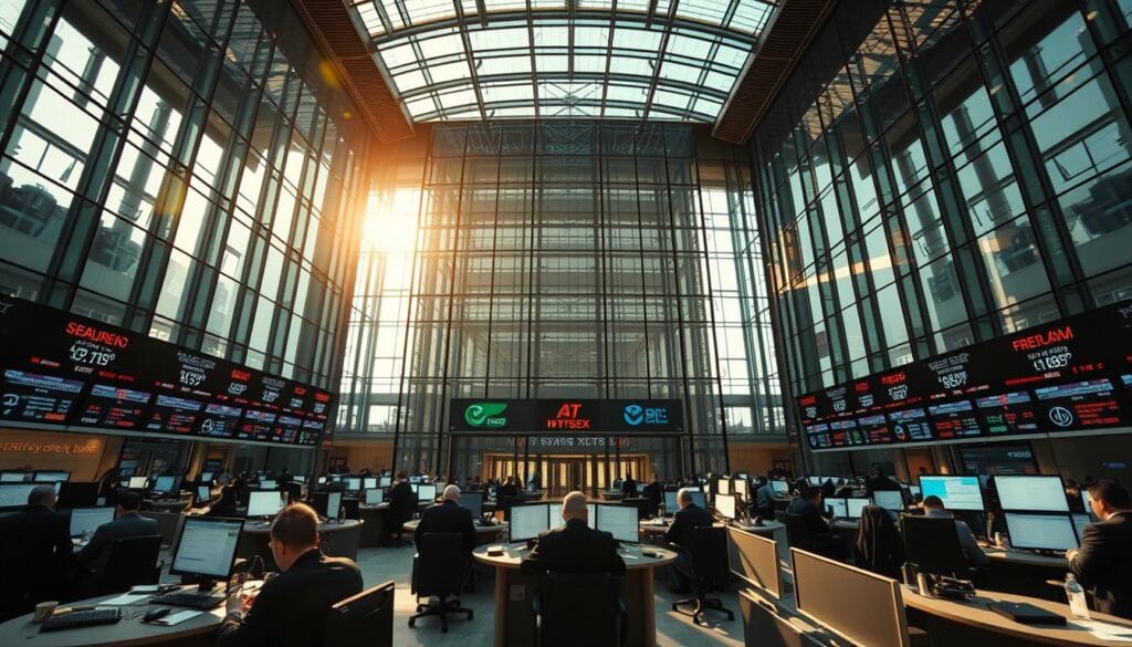 securities exchange with traders in modern glass and steel building, wide angle view from street level, warm afternoon sunlight, professional brokers in suits working at desks, stock tickers and displays showing financial data, busy trading floor with active transactions, minimalist and sleek architectural design, high ceiling and open layout to convey transparency and activity securities exchange with traders in modern glass and steel building, wide angle view from street level, warm afternoon sunlight, professional brokers in suits working at desks, stock tickers and displays showing financial data, busy trading floor with active transactions, minimalist and sleek architectural design, high ceiling and open layout to convey transparency and activity
